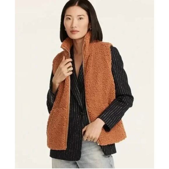 J Crew Vest Womens Medium Brown Teddy Sherpa Fleece Faux Fur Zip Pockets Cozy - Picture 1 of 10